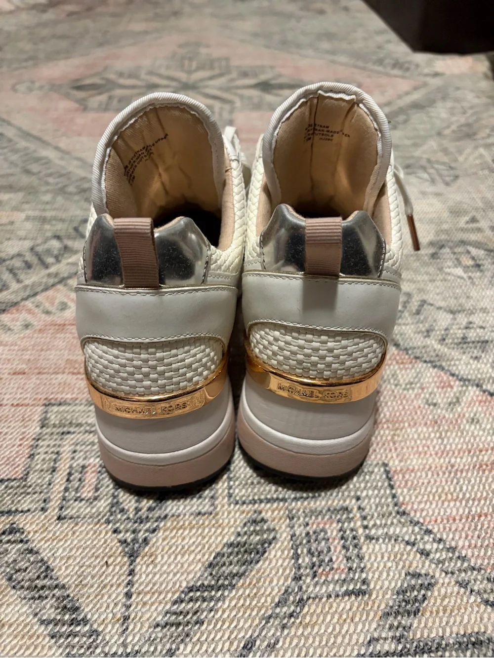 Michael Kors White Sneakers with Rose Gold and Cream Woven Panels